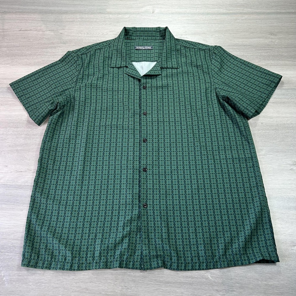 PJ Paul Jones Shirt Mens XL Green‎ Geometric Camp Collar Short Sleeve Button Up
